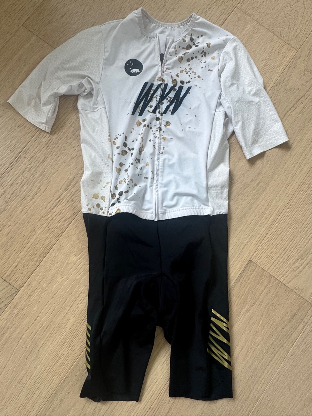 Trisuit- White & Black Cycling Skinsuit with Gold Accents